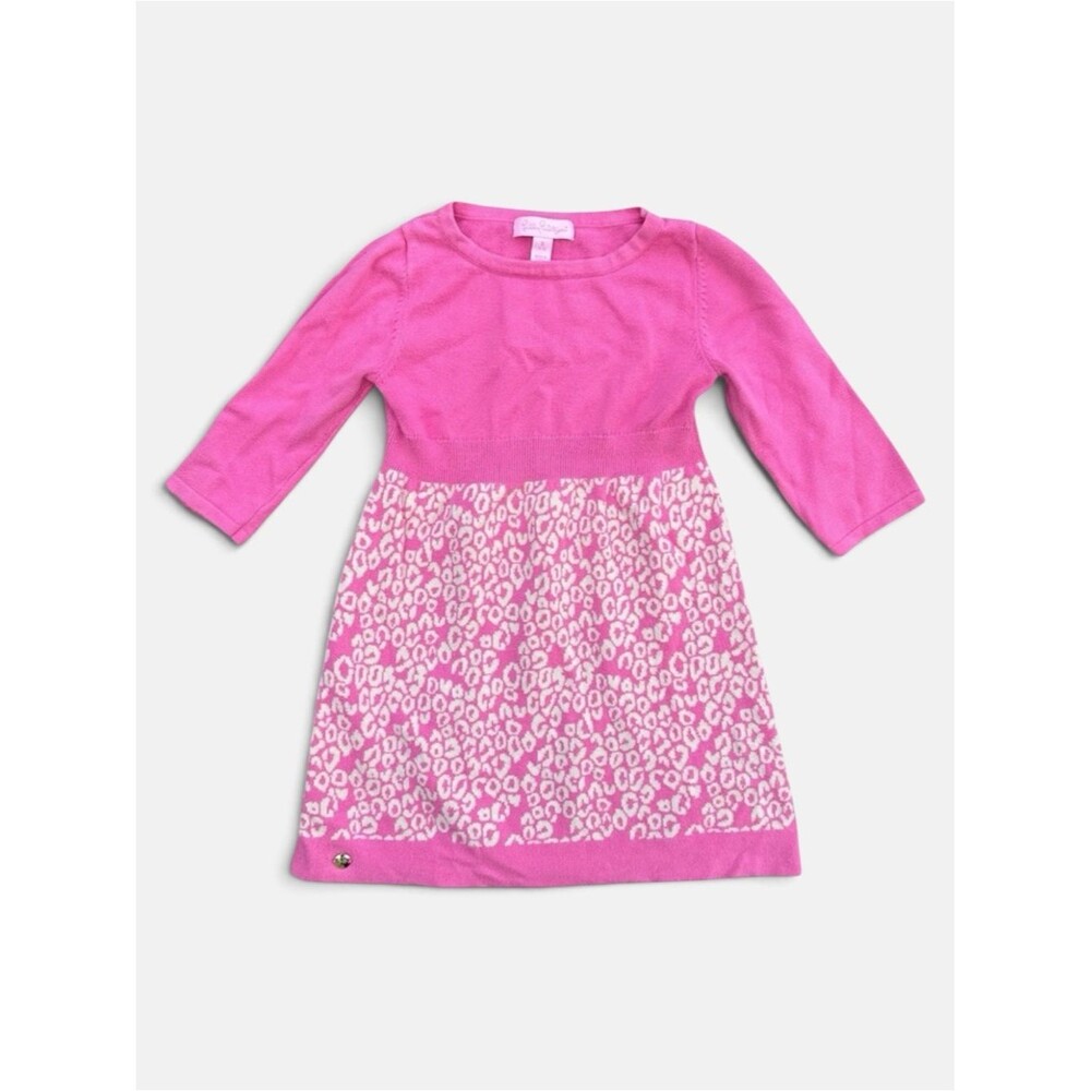 Lilly Pulitzer Gilly Sweater Dress Girls 4/5 Pink Leopard Print Knit Cotton